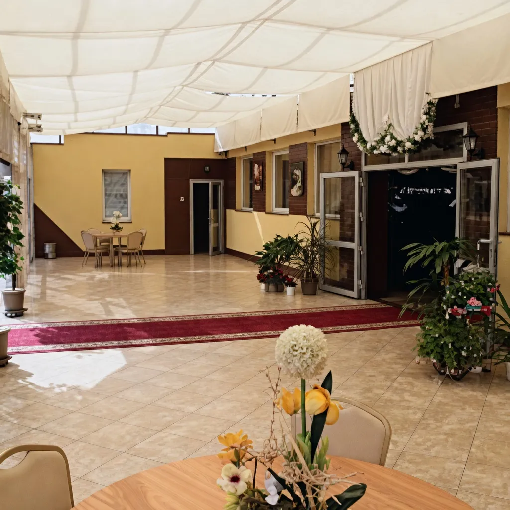 Atrium Pokusy - białe draperie z sufitu, dywan, kwiaty