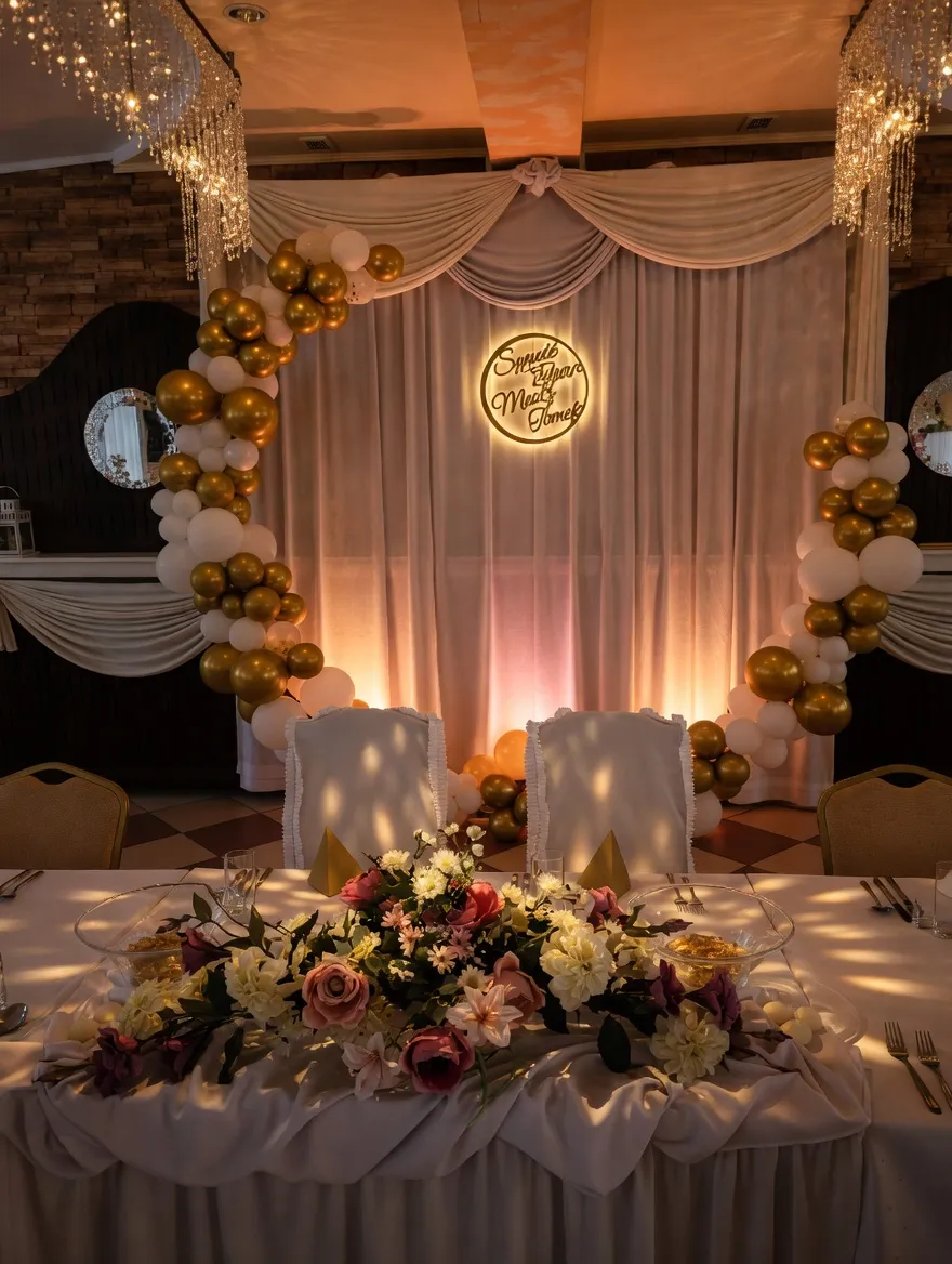 Sweetheart table - złote balony, neon, kwiaty