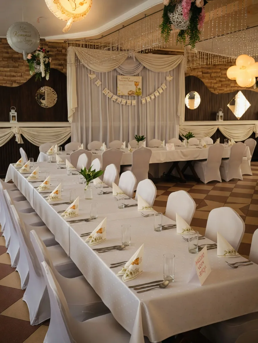 Sala udekorowana - draperie, banery, długi stół