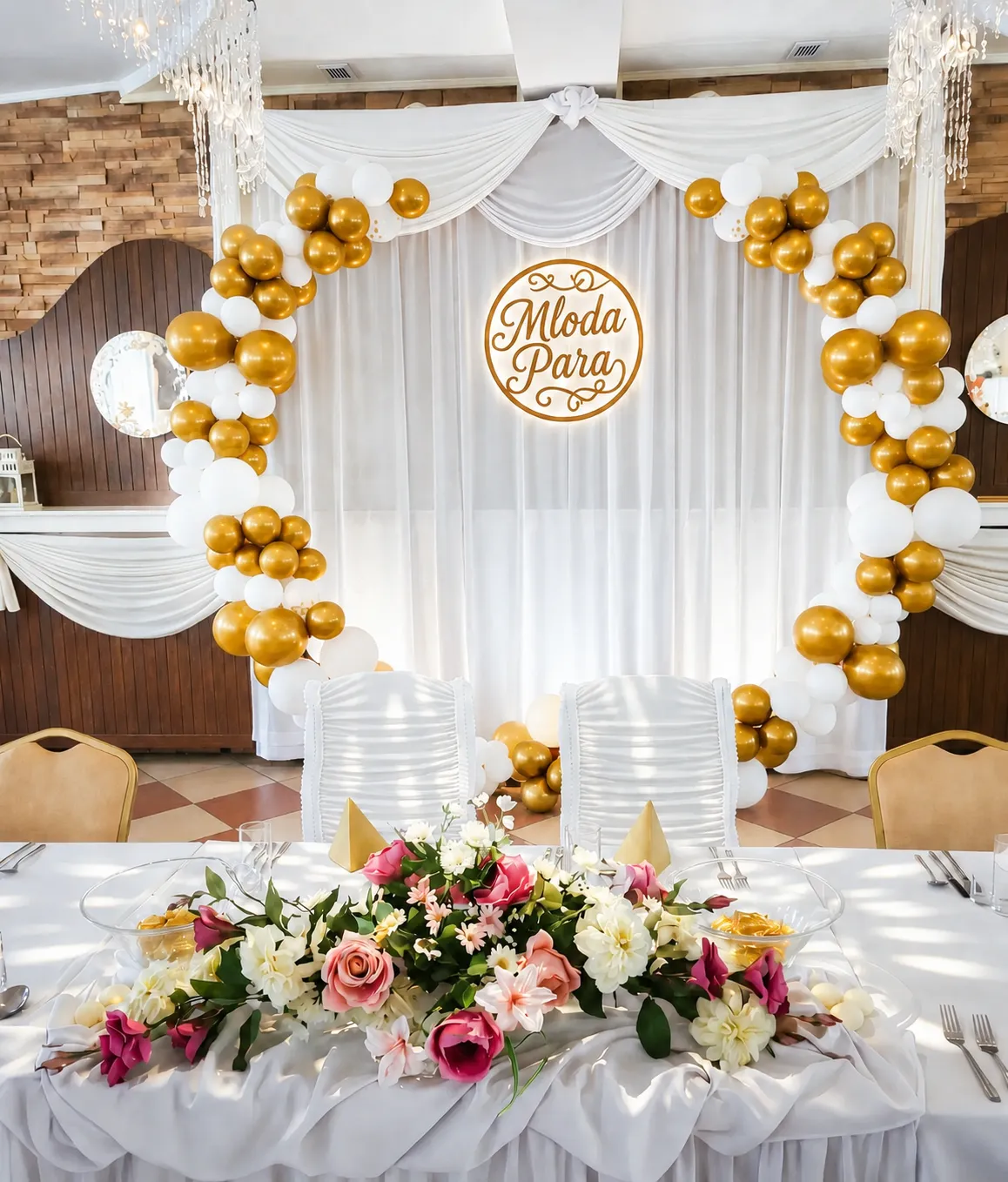 Sala bankietowa Pokusa - sweetheart table z złotymi balonami, neonowym napisem i kwiatami